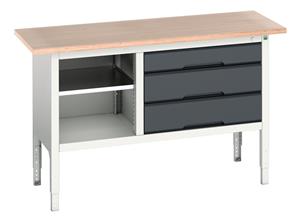 verso adj. height storage bench (mpx) with mid shelf / 3 drawer cab. WxDxH: 1500x600x830-930mm. RAL 7035/5010 or selected Verso Height Adjustable Work Storage and Packing Benches